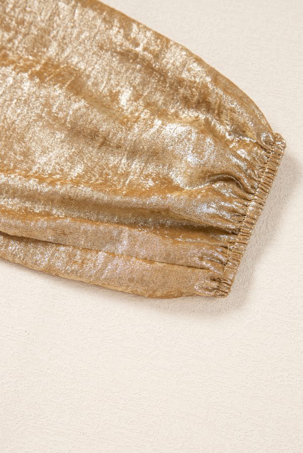 Gold Bow Tie Front Puff 3/4 Sleeve Ruffle Hem Blouse - Image 7