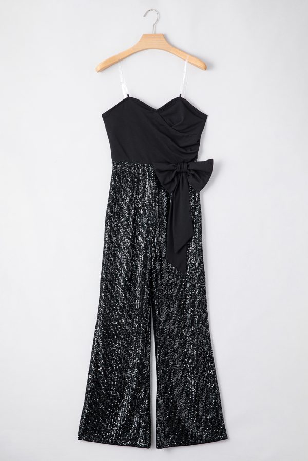 Black Sequined Tube Top Waist Knot Wide Leg Jumpsuit - Image 4