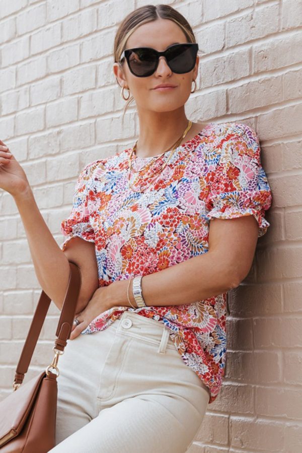 Multicolor Mix Floral Pattern Bubble Sleeve Blouse - Image 2