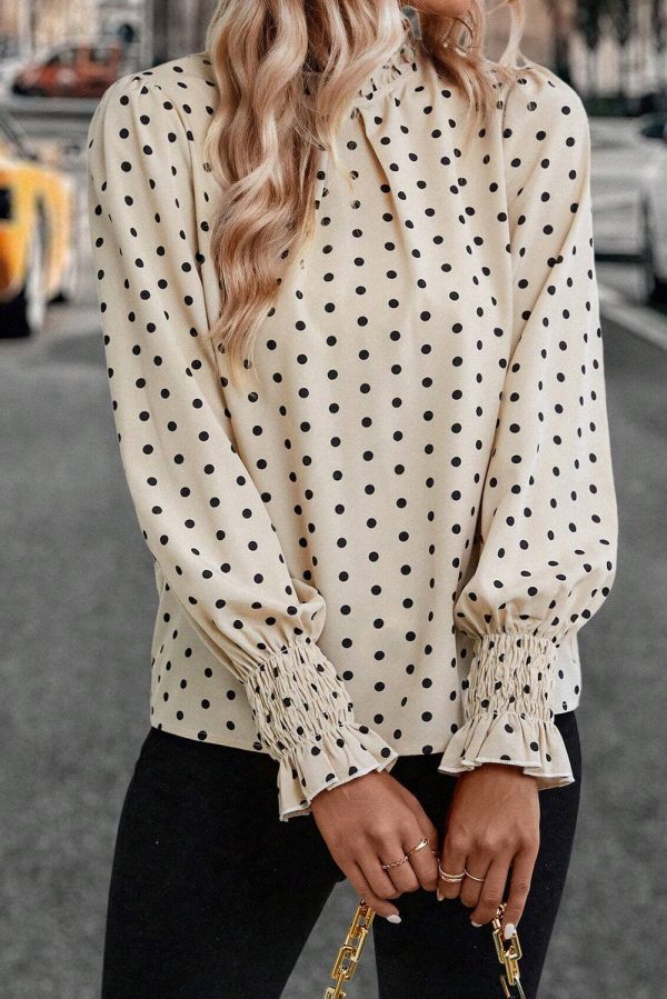 Apricot Polka Dot Print Frilled Collar Lantern Sleeve Blouse - Image 7