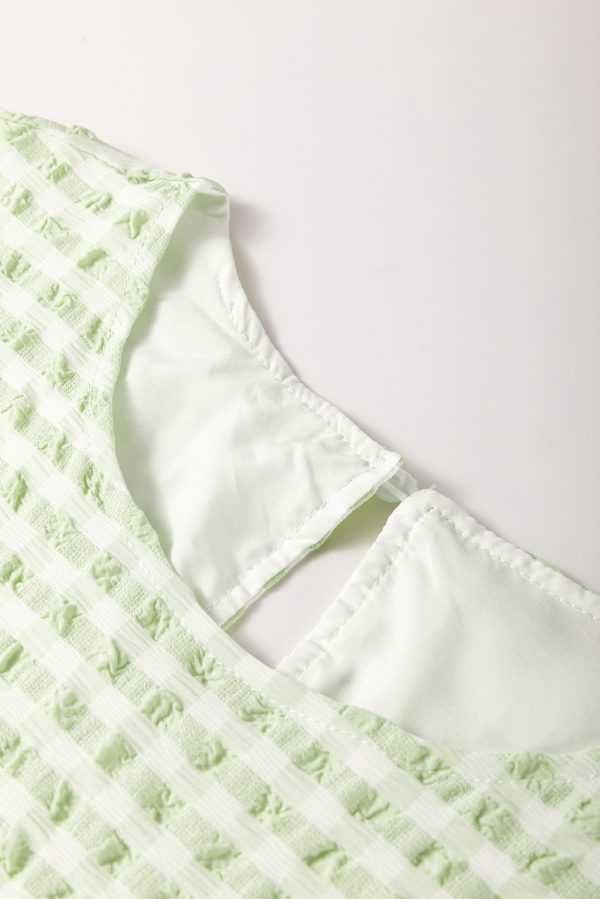 Green Stripe Textured Tiered Short Sleeve Loose Mini Dress - Image 8