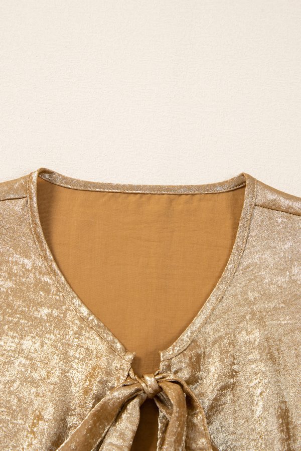 Gold Bow Tie Front Puff 3/4 Sleeve Ruffle Hem Blouse - Image 6