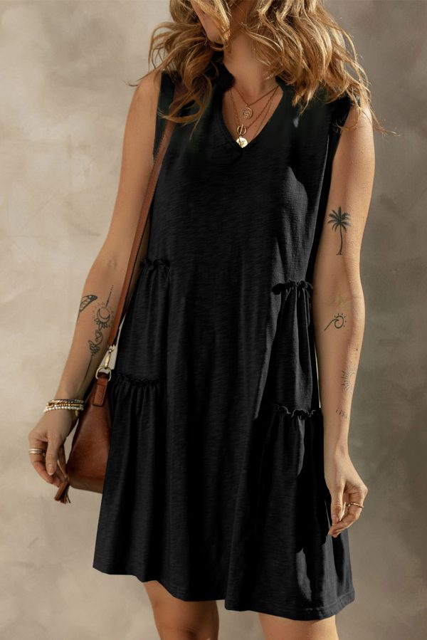 Black Split V Neck Tiered Flowy Sleeveless Dress - Image 2