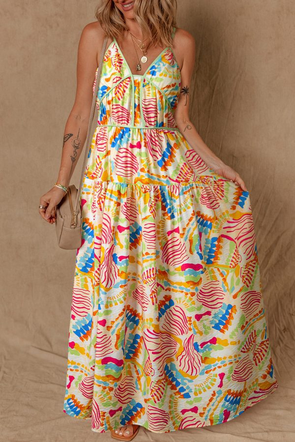 Orange Abstract Print Spaghetti Strap Piping Detail Maxi Dres - Image 4