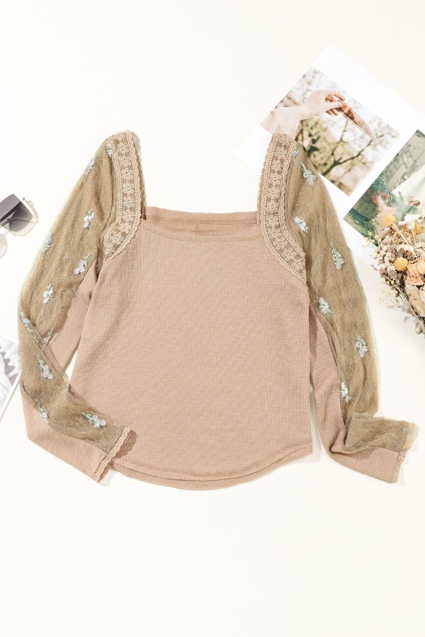 Light French Beige Floral Gauze Sleeve Patchwork Ribbed Knit Top - Image 4
