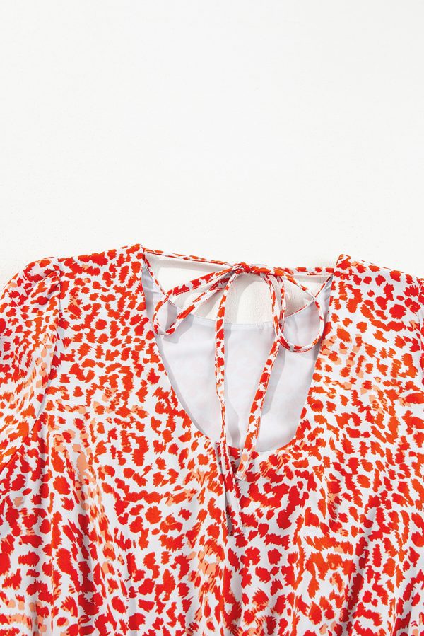 Tomato Red Leopard Print Long Sleeve Hollowed Back Split Mini Dress - Image 6