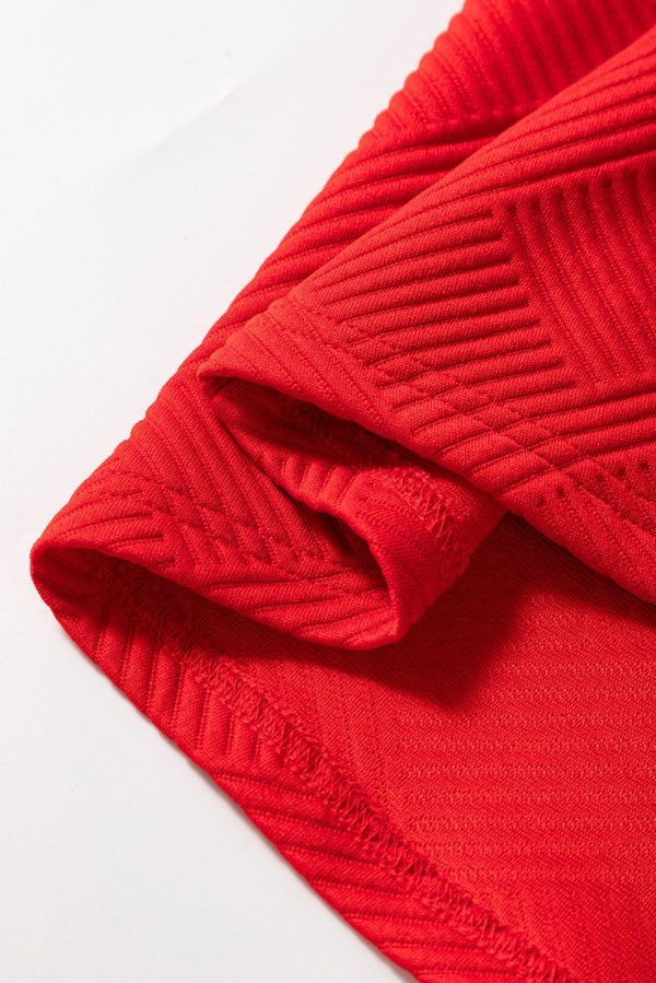Fiery Red Textured Collared V Neck Puff Short Sleeve Shift Mini Dress - Image 7