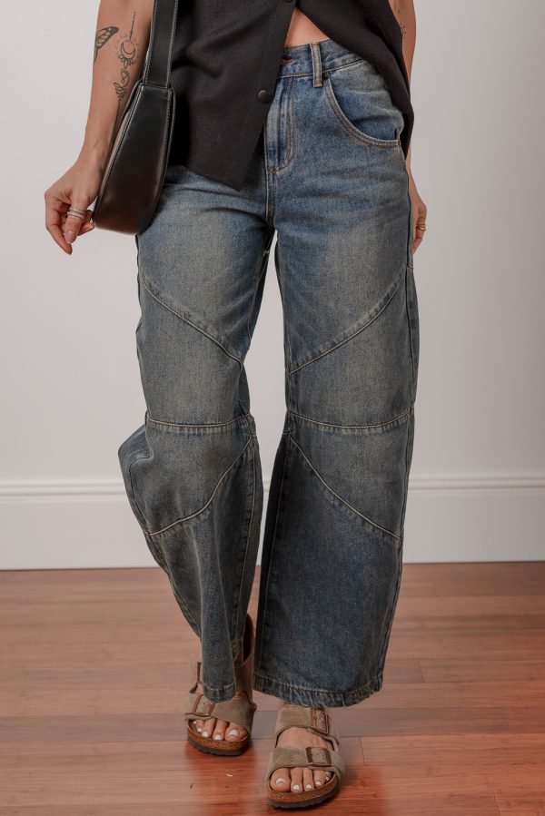 Sail Blue Exposed Stitching Loose Straight High Waist Jeans - Image 3