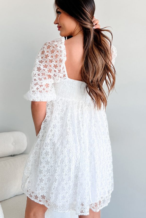 White Floral Lace Puff Sleeve Empire Waist Mini Dress - Image 2
