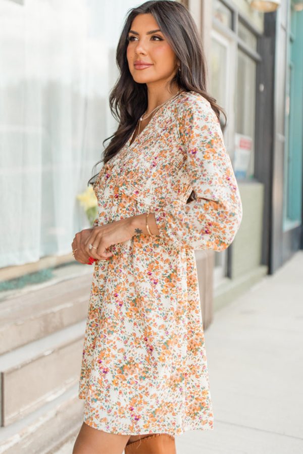 Yellow Boho Floral V Neck Ruffled Empire Waist Long Sleeve Mini Dress - Image 3