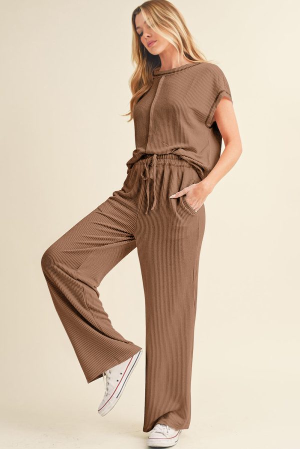 Navy Blue Solid Color Corded Short Sleeve Top and Casual Pants Set - Image 6