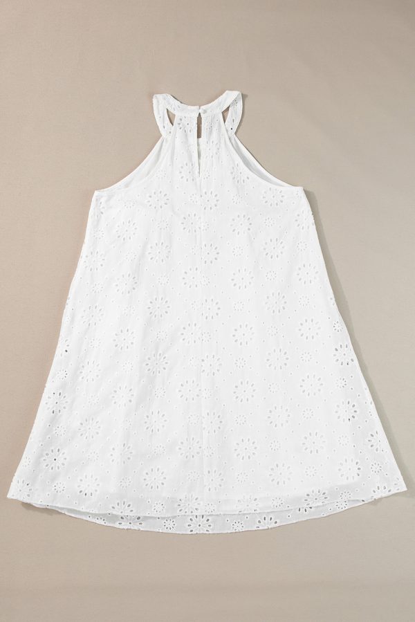 White Boho Eyelet Pattern Halter Neck Sleeveless Dress - Image 5