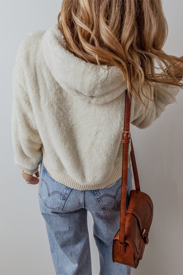 White Contrast Ribbed Edge Plush Hoodie - Image 2