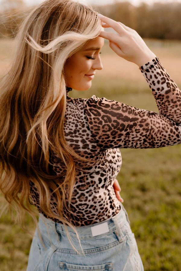 Brown Leopard Smocked Neck Mesh Long Sleeve Bodysuit - Image 6