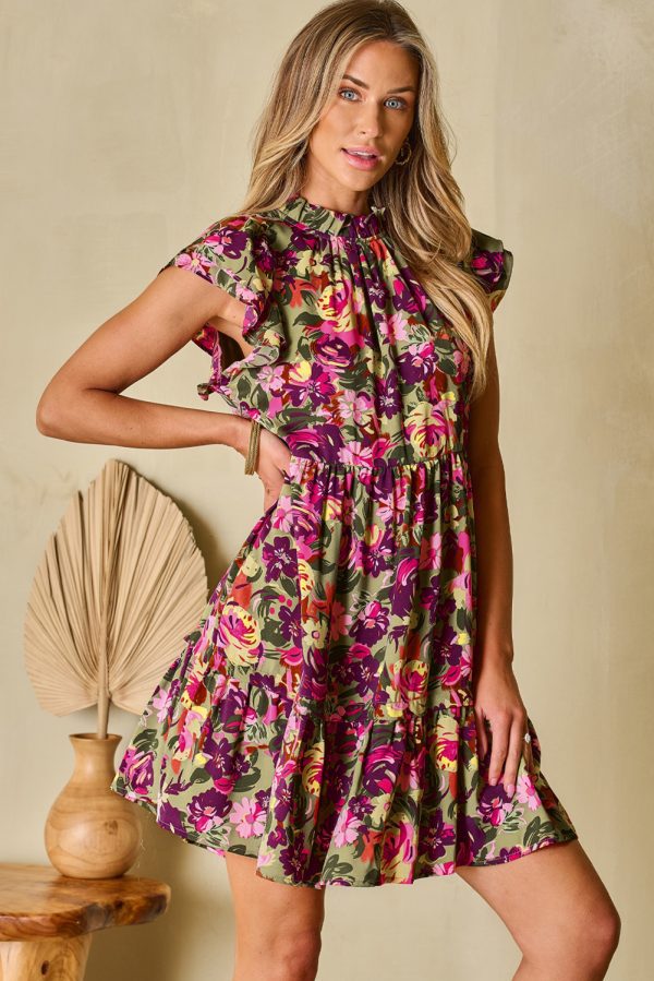 Green Floral Print Ruched Flutter Sleeve Frilled Neck Mini Dress - Image 3