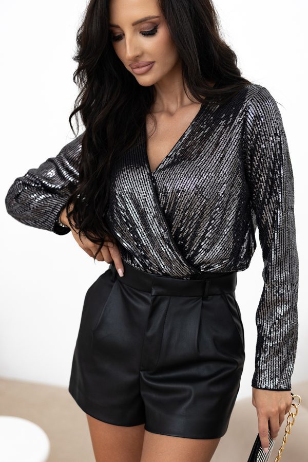 Black Sequin Mesh Long Sleeve Surplice Neck Bodysuit - Image 3