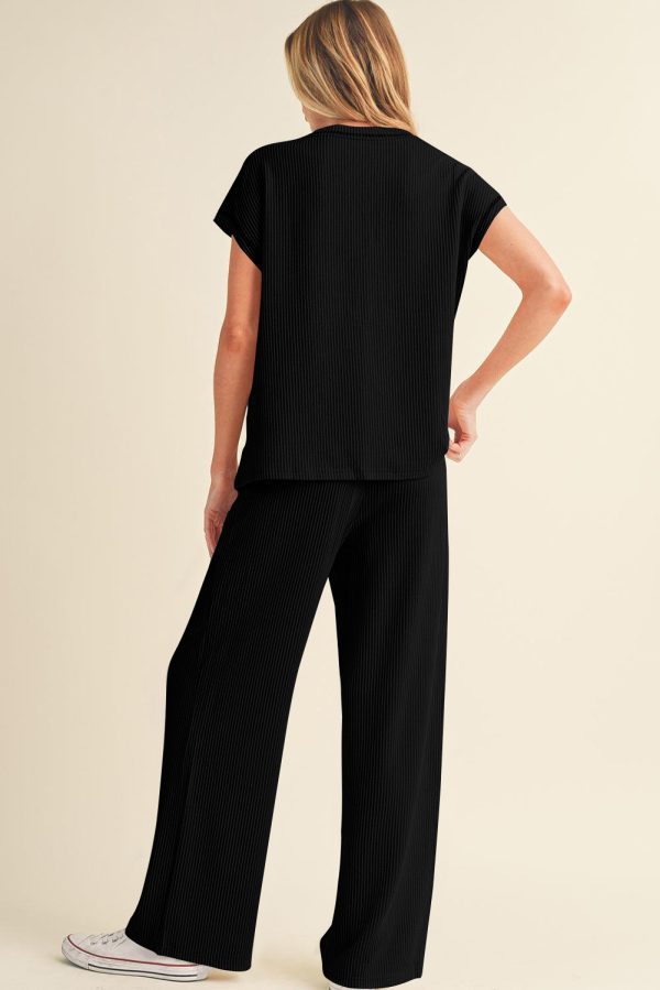 Navy Blue Solid Color Corded Short Sleeve Top and Casual Pants Set - Image 8