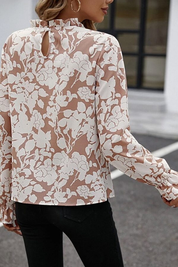 Light French Beige Floral Print Frilled Neckline Flounce Sleeve Blouse - Image 2