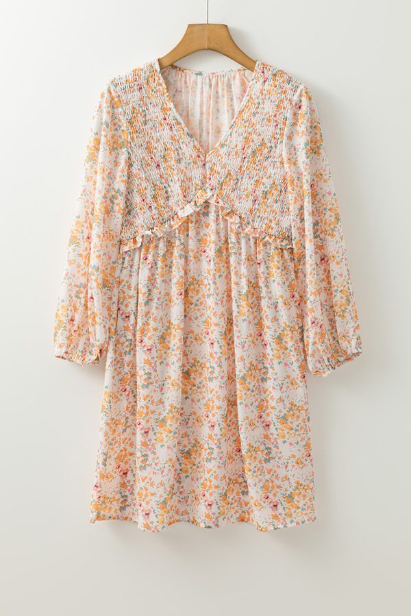 Yellow Boho Floral V Neck Ruffled Empire Waist Long Sleeve Mini Dress - Image 4