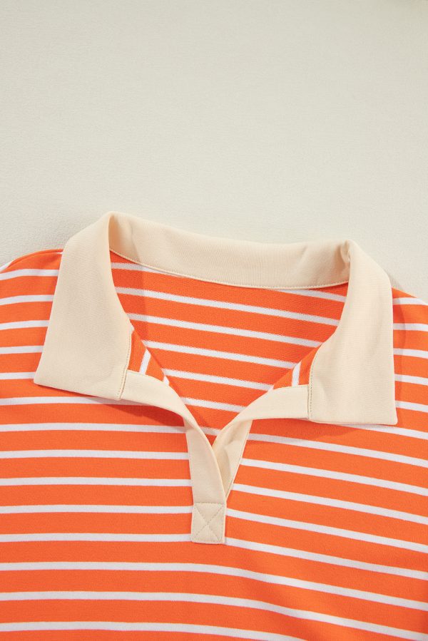 Orange Stripe Color Block Loose Fit Collared Drop Shoulder Sweatshirt - Image 8