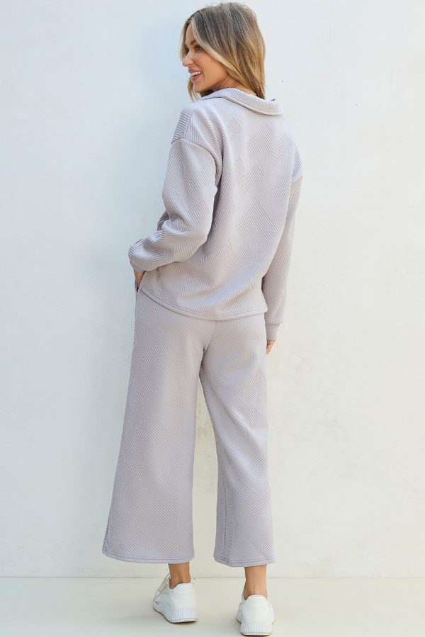 Light Grey Solid Textured Collared V Neck Top and Wide Leg Pants Set - Image 2
