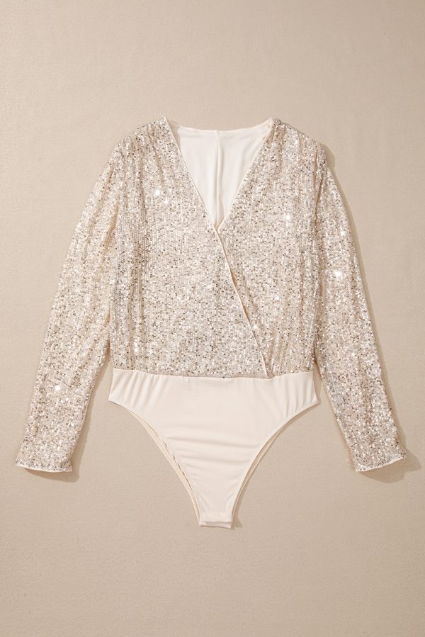 Beige Sequin Long Sleeve Wrap V Neck Bodysuit - Image 4