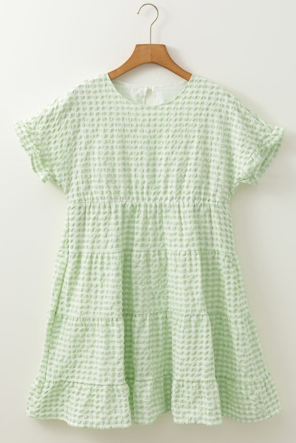 Green Stripe Textured Tiered Short Sleeve Loose Mini Dress - Image 4