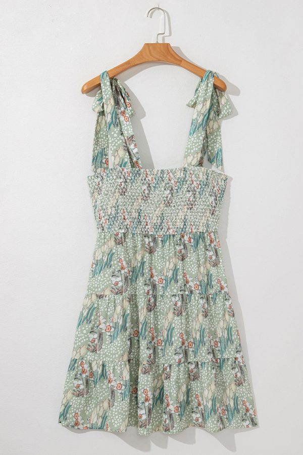 Gray Floral Knotted Strap Smocked Tiered Ruffle Mini Dress - Image 4