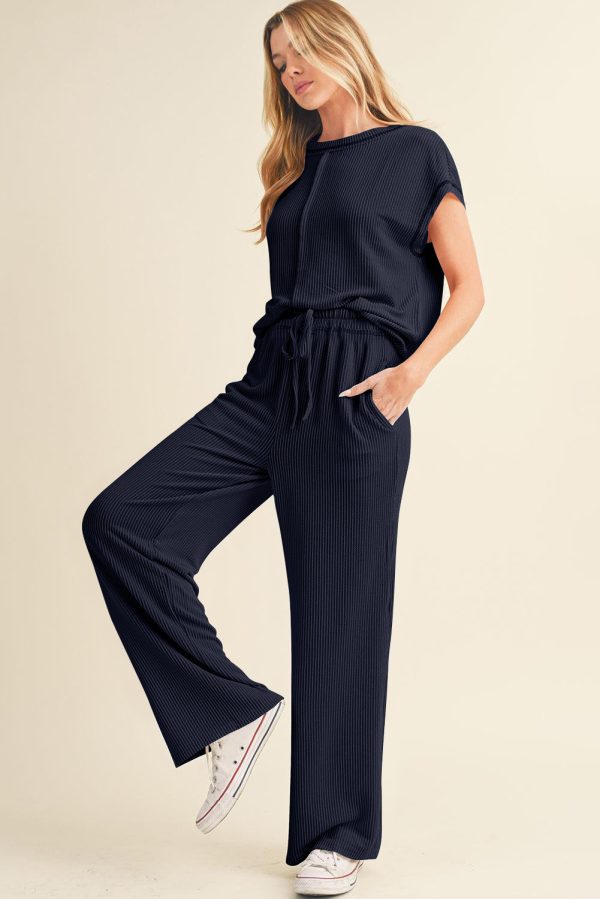 Navy Blue Solid Color Corded Short Sleeve Top and Casual Pants Set - Image 3