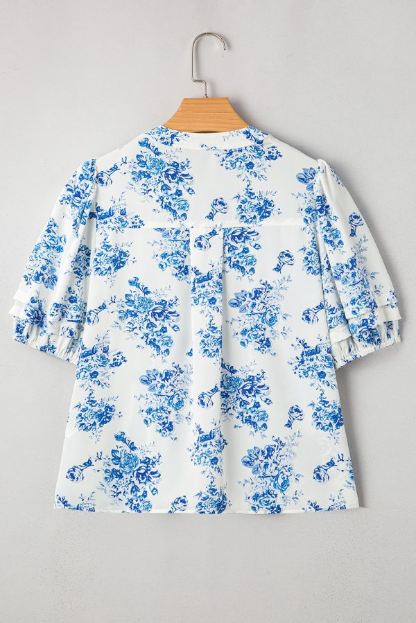 Sky Blue Floral Tiered Puff Short Sleeve Pleated Bust Buttoned Casual Shirt - Image 5