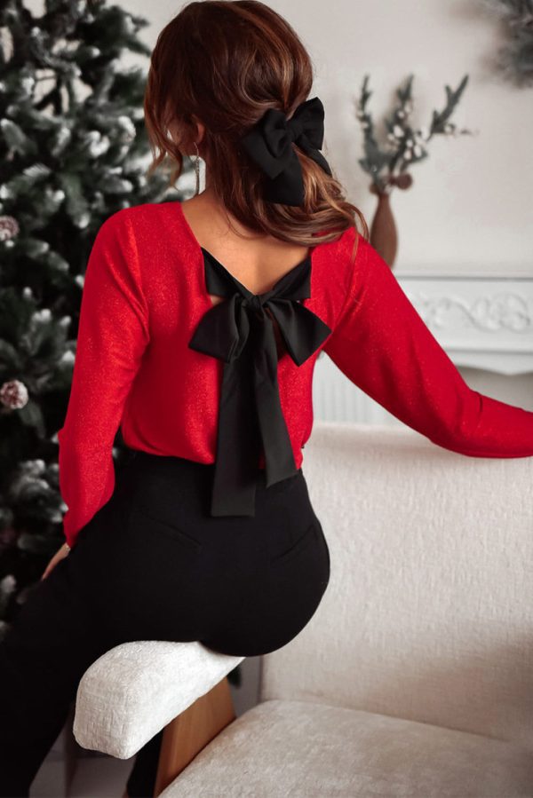 Black Metallic Bowknot Open Back V Neck Top - Image 12