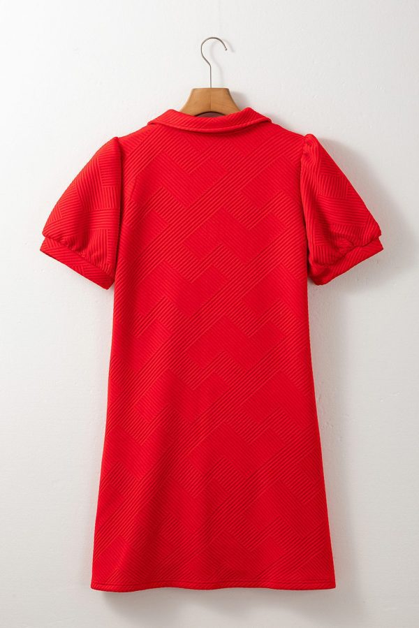Fiery Red Textured Collared V Neck Puff Short Sleeve Shift Mini Dress - Image 5