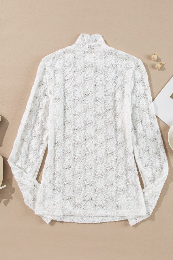White Floral Lace High Neck Long Sleeve Top - Image 7