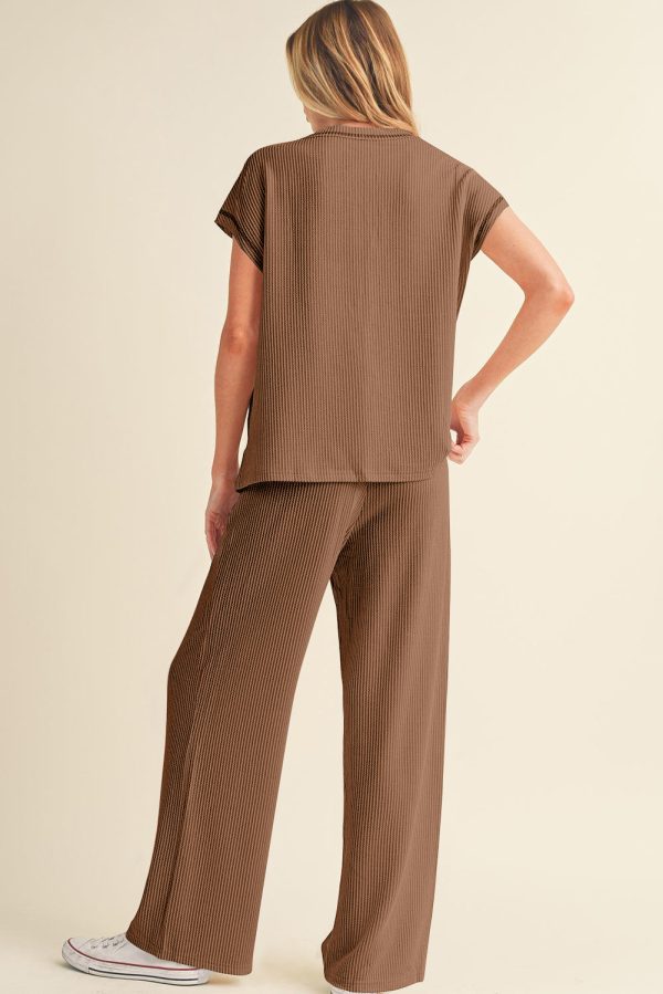 Navy Blue Solid Color Corded Short Sleeve Top and Casual Pants Set - Image 5