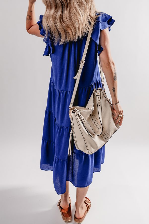 Bluing Ruffled Short Sleeve Collared V Neck Tiered Midi Dress - Image 2