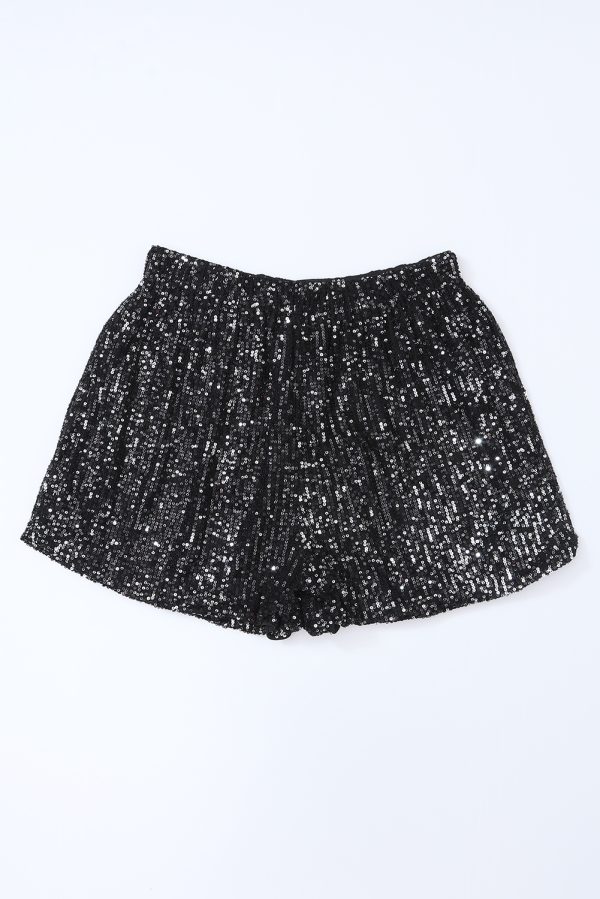 Black Sequin Straight Leg High Waist Casual Shorts - Image 11