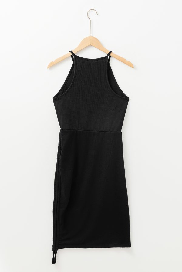 Black Racerback Ribbed Knit Drawstring Bodycon Dress - Image 6