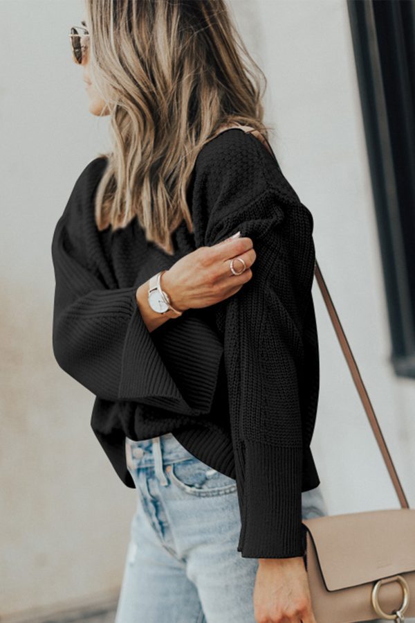Parchment Solid Textured Knit Split Cuff Drop Shoulder Loose Sweater - Image 11