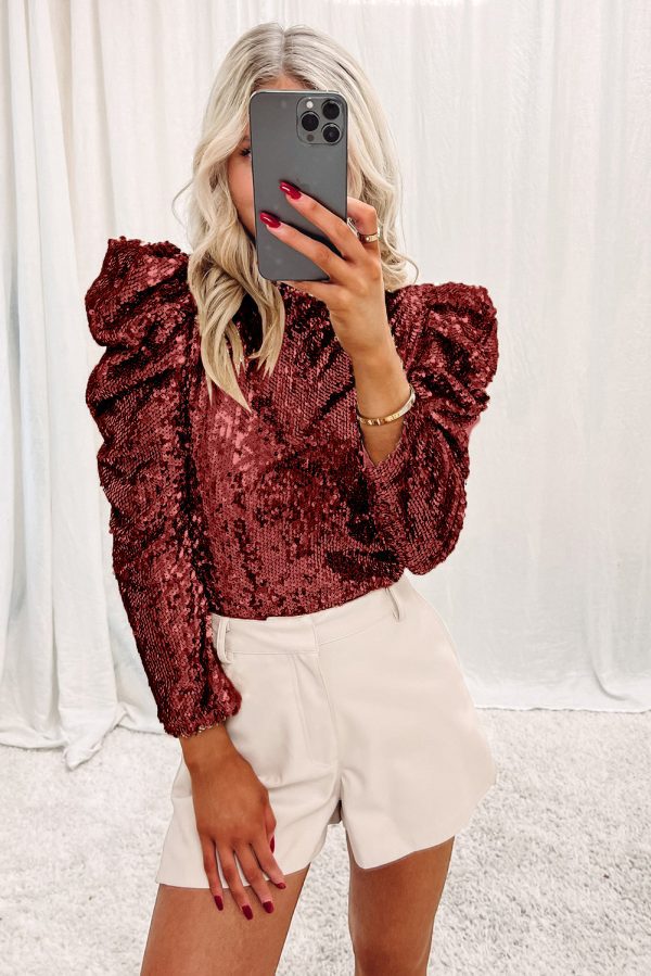 Apricot Sequin Mock Neck Bubble Sleeve Top - Image 17