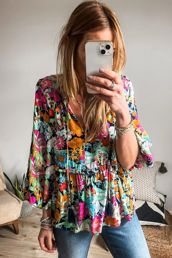 Multicolour Floral Print Bubble Sleeve V Neck Ruffled Blouse - Image 3