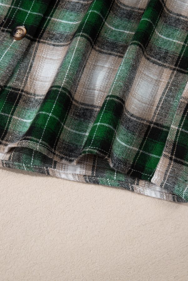 Green Plaid Print Chest Pocket Buttoned Hooded Shacket - Image 6