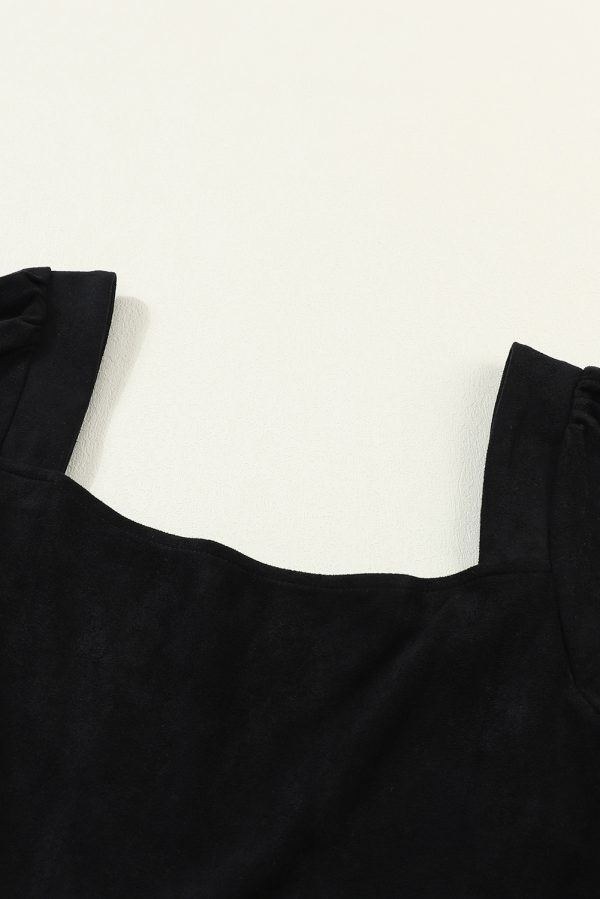 Black Suede Square Neck Puff Sleeve Dress - Image 8
