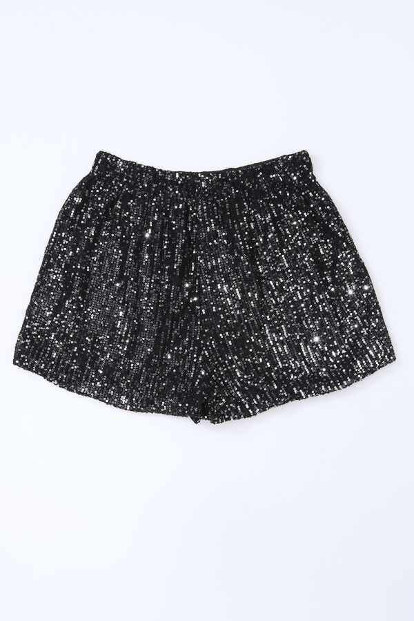 Black Sequin Straight Leg High Waist Casual Shorts - Image 10