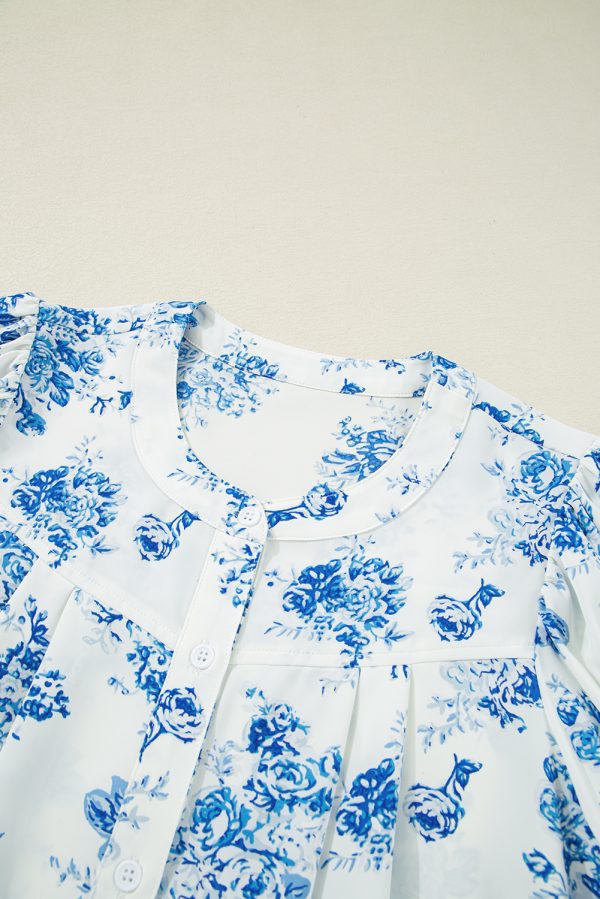 Sky Blue Floral Tiered Puff Short Sleeve Pleated Bust Buttoned Casual Shirt - Image 6