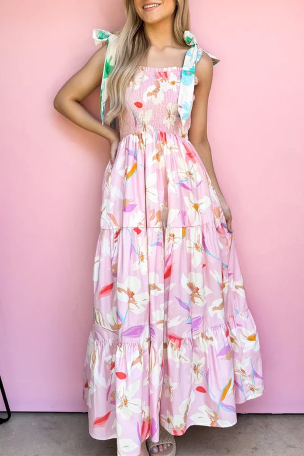 Pink Floral Print Knotted Shoulder Smocked Maxi Dress - Image 5