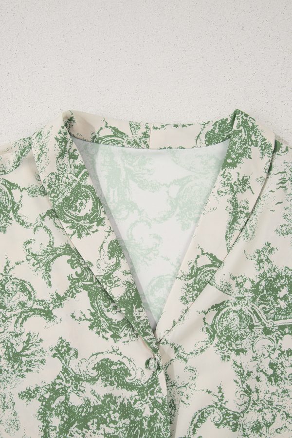 Green Landscape Print Tied 3/4 Sleeve Shirt with Sash - Image 6