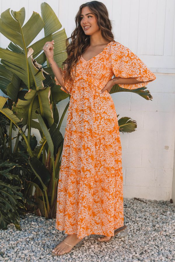 Orange Floral Print Smocked V Neck Wide Sleeve Maxi Dress - Image 3