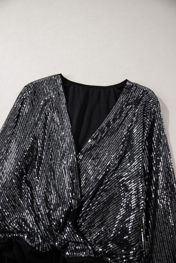 Black Sequin Mesh Long Sleeve Surplice Neck Bodysuit - Image 8