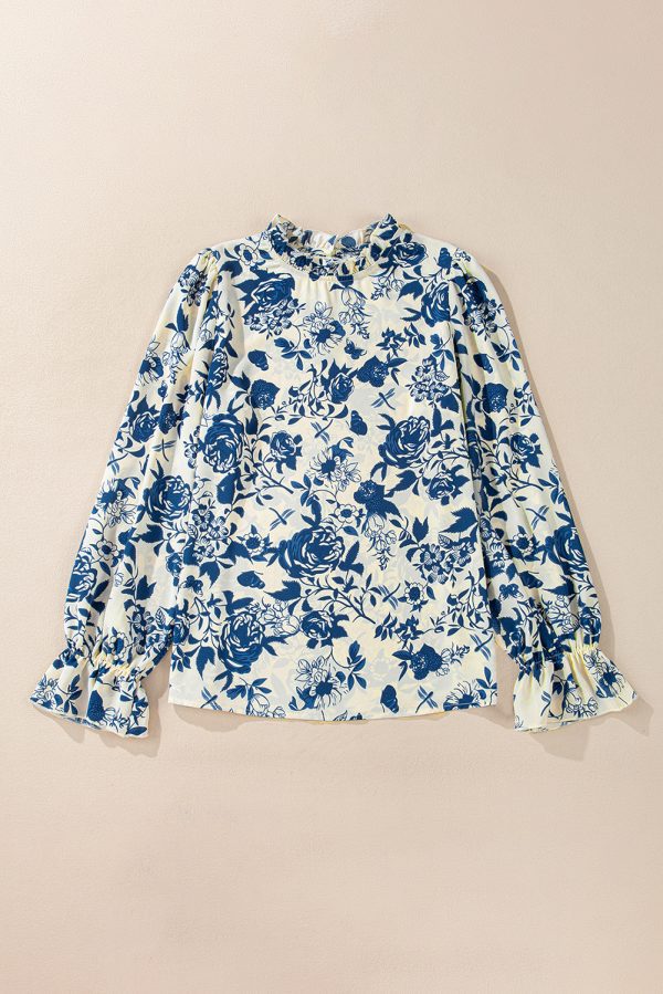 Sky Blue Floral Print Flounce Sleeve Keyhole Back Blouse - Image 4