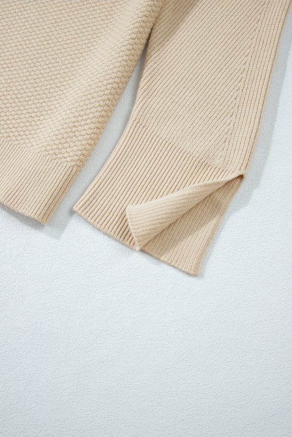 Parchment Solid Textured Knit Split Cuff Drop Shoulder Loose Sweater - Image 7